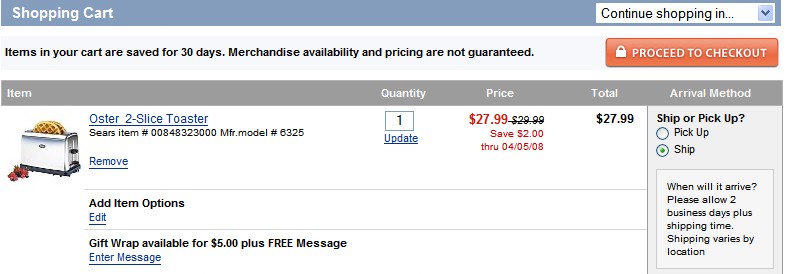 Example of Shopping Cart Options