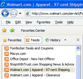 Image of RSS Feed list in Internet Explorer 7